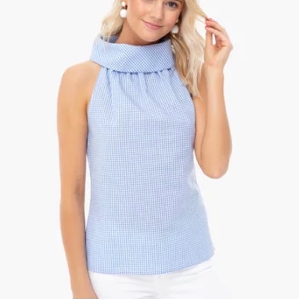Gingham Linen Cowl Neck Top